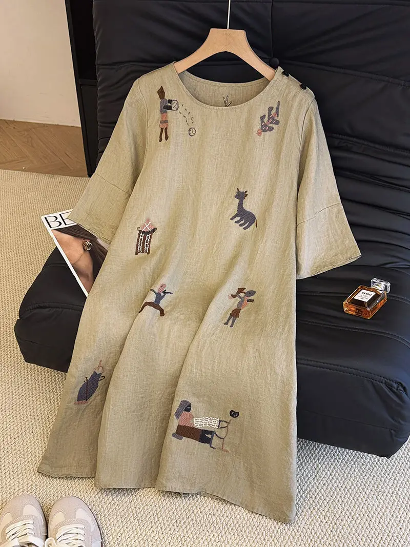 Vestido retrô de linho bordado com manga de cinco quartos estilo chinês solto simples gola redonda pulôver vestidos de camiseta