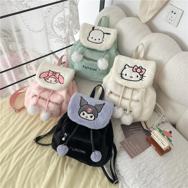 

Плюшевая школьная сумка Sanrio, милый пушистый ранец на плечо, простая универсальная сумка, милый пушистый тоут для девочки, рюкзак для коротких поездок