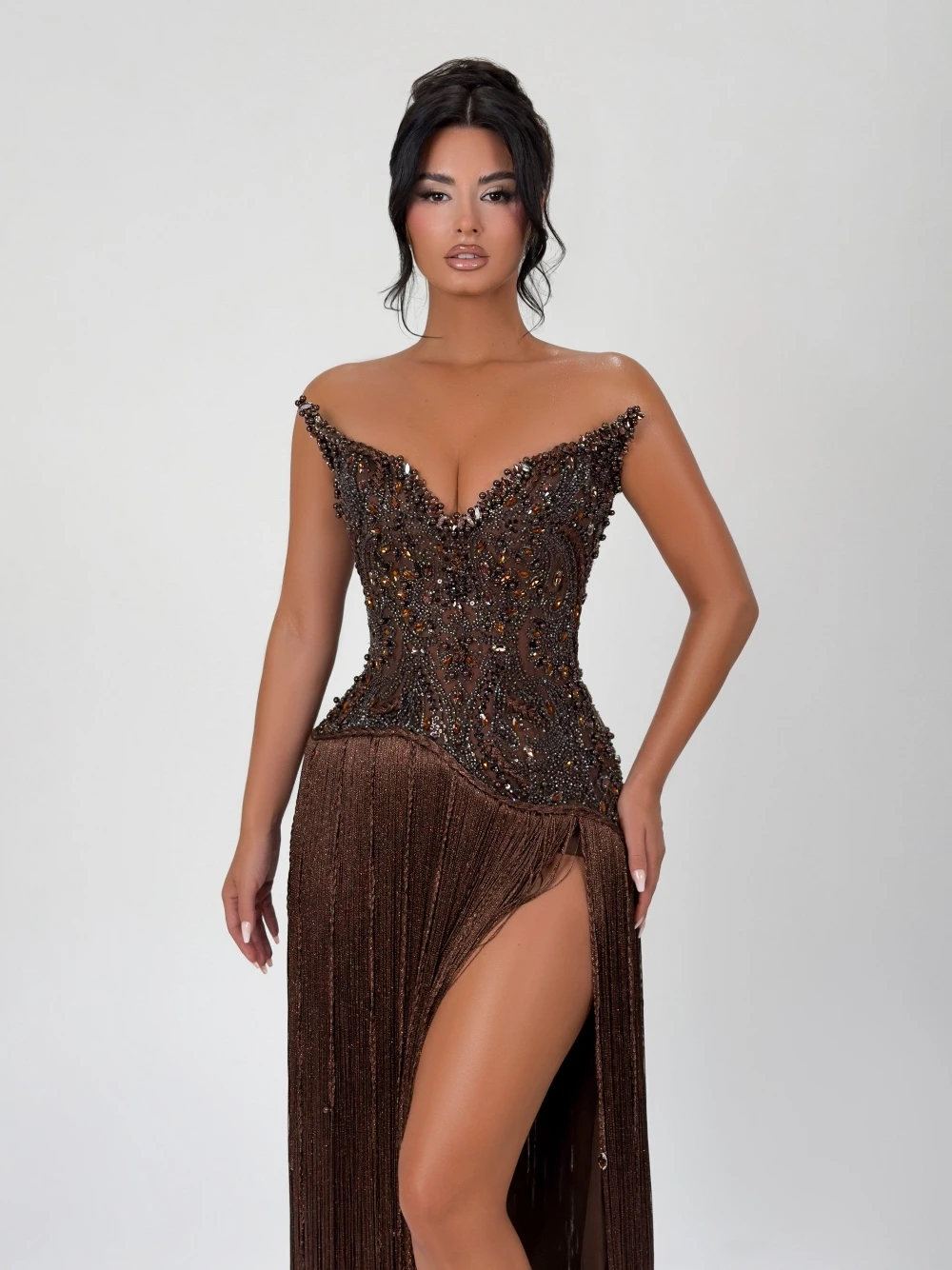 GRACEPROM Brown Fringe Tassel Evening Dress Chic V Neck Corset Beaded Customized Prom Gown Fashionable Stunning Party Wear