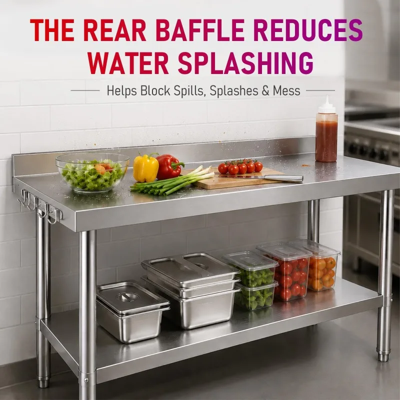 60 x 24 Inch Stainless Steel Work Table with Backsplash, Heavy Duty Kitchen Countertop with Adjustable Lower Shelf &