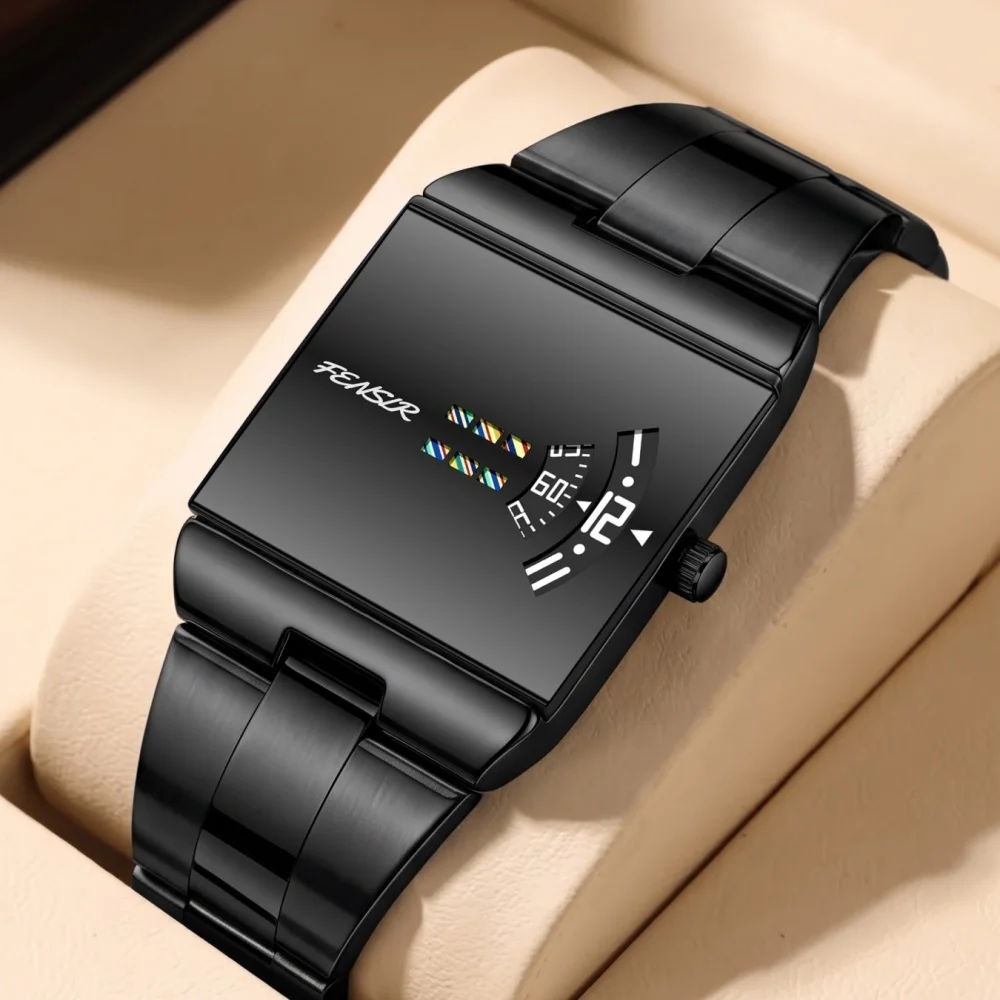 Trendy Men's Square Steel Band Quartz Watch, Unique Time-Changing Dial Men's Watch, Business Versatile Waterproof Watch, Light Luxury Men's Watch for Daily Wear, Classic Punk Cool Versatile Gift Watch