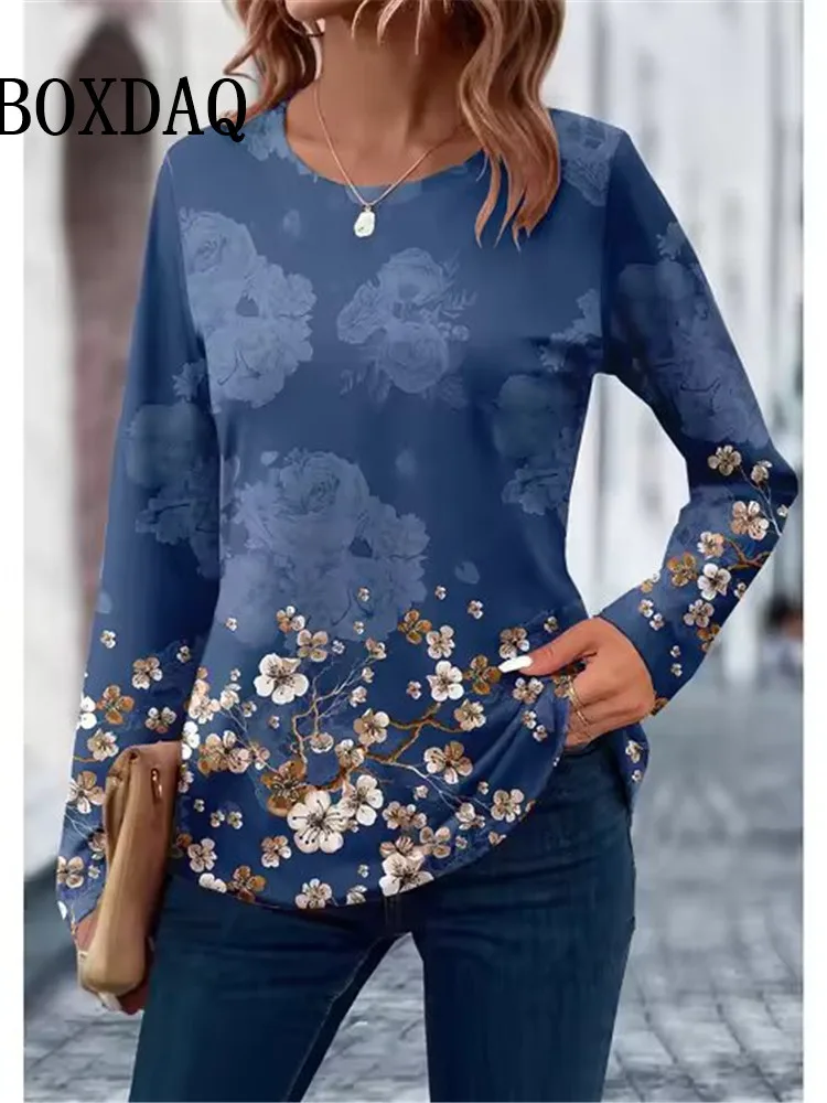 2024 camiseta feminina impressão 3d floral folha design manga longa casual diário fim de semana moda topo solto o-pescoço primavera outono roupas