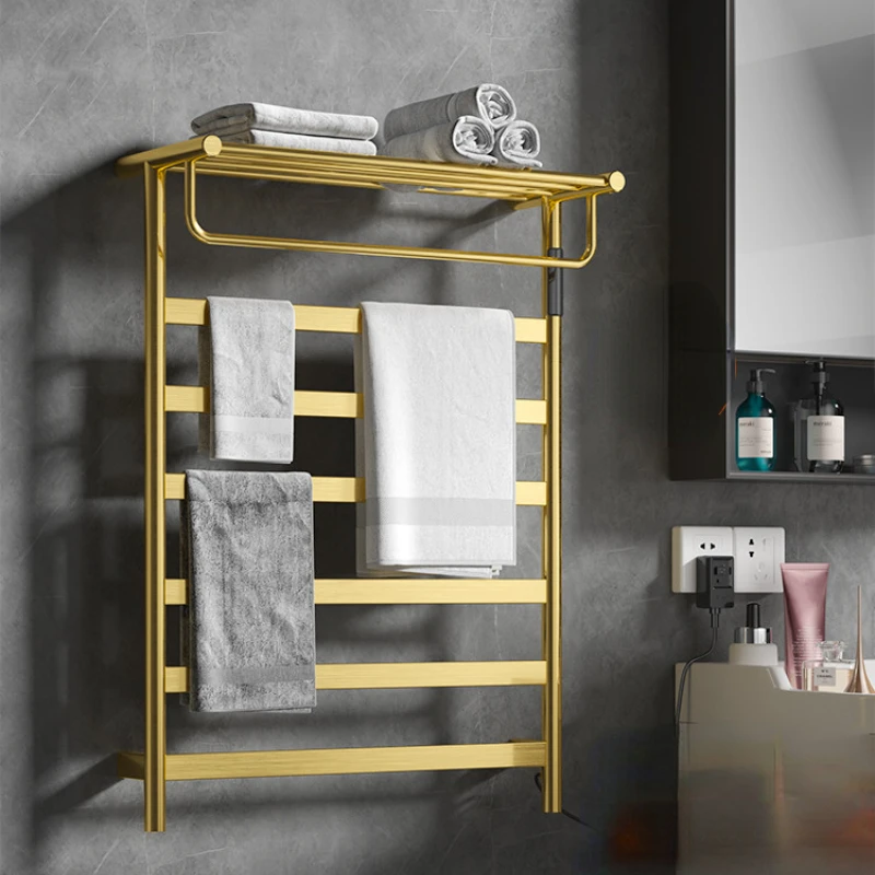 Smart Electric Towel Rack Household Bathroom Towel Rack Punch-Free Storage Rack Bathroom Heating Drying Rack Gold