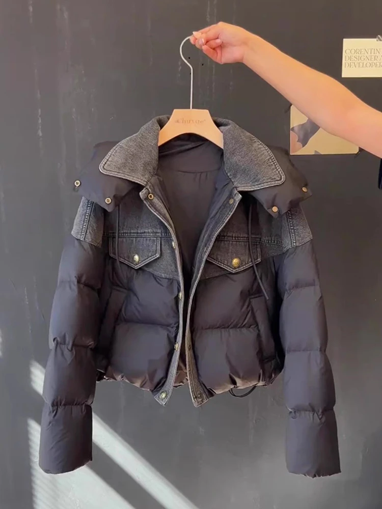 

Winter Thick Women's Short Down Cotton Jacket Fashion Cowboy Splicing Single Breasted Female Outdoor Leisure Warmth Coats