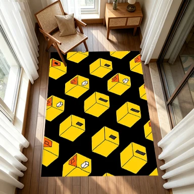 Yellow 3D Cube Geometric Seamless Carpet Flooring, Cartoon Minimalist Non-Slip Floor Rug for Living Room Bedroom Home Decoration