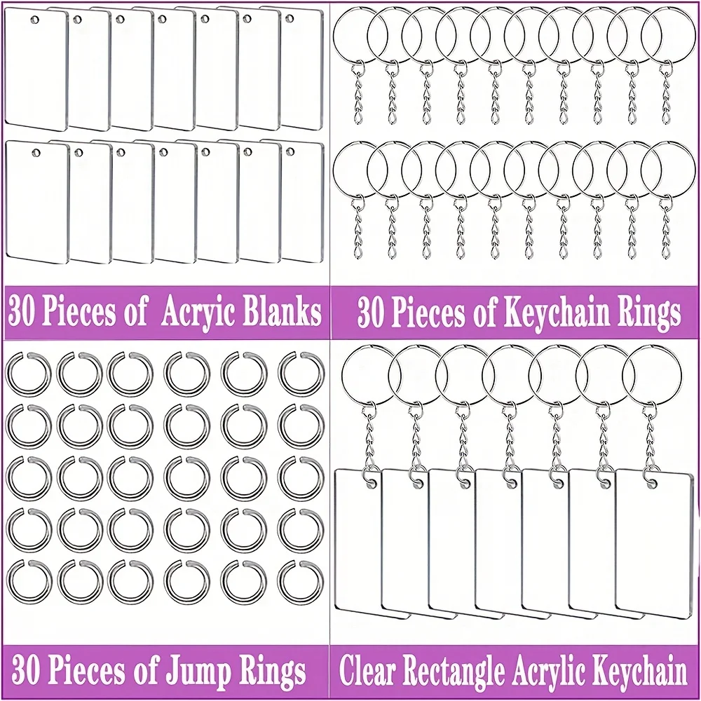 90PCS Acrylic Transparent Keychain Blanks Rectangle Song Key Chain Transparent Keychain Rings DIY Projects and Crafts