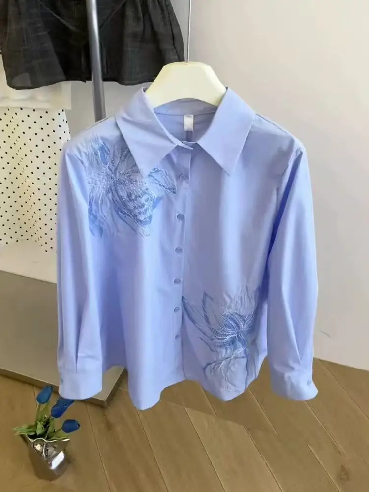 

Высококачественные хлопковые синие блузки с вышивкой и цветами, рубашки для женщин, осенний тренд 202, свободный повседневный топ с длинными рукавами, женская одежда