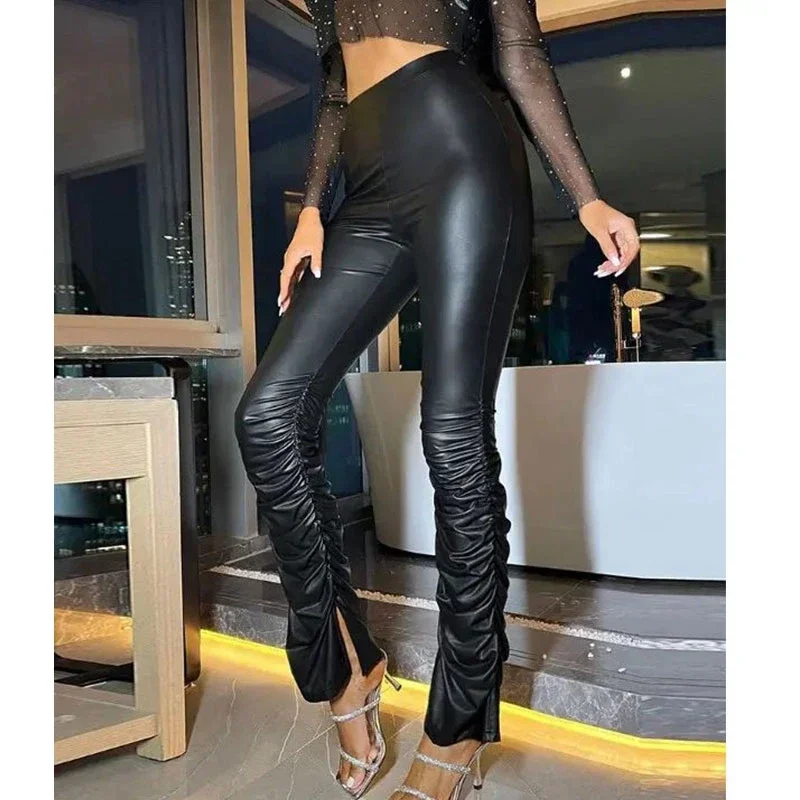 

Women's Weird Puss Faux Leather Pants, Stacked Zipper, Side Slit Drawstring Pencil Pants, Slim Outfits, Trendy Streetwear