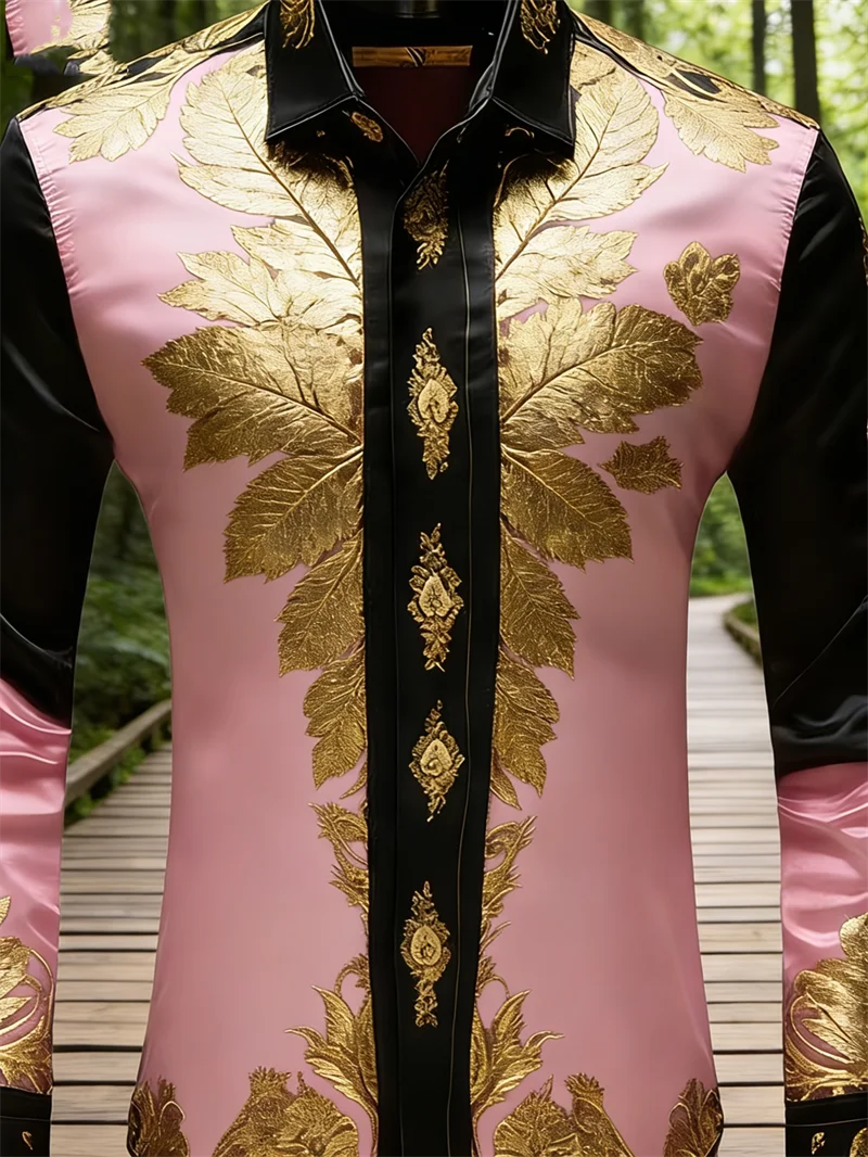 New Men's 11 Color 3D Leaf Print Shirt with High-Quality Patterns, Casual and Fashionable Long-Sleeved Lapel Shirt