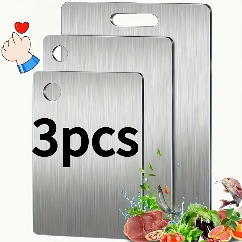 Papan Pemotong Stainless Steel 3pcs - Bebas BPA, Aman untuk Mesin Cuci Piring, Anti Selip, dengan Alur Jus, Tahan Karat & Hemat Tempat