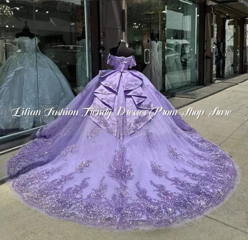 Lilac Purple Sparkling Princess Quinceanera Dresses 2025 Elegant Beaded Applique Bow Sweet Train Mexico Prom Lace Up Customised