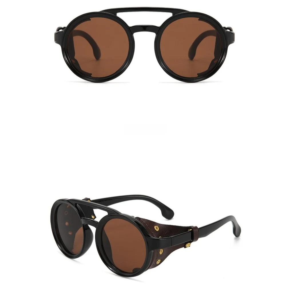 Leather Side Retro Round Glasses Polarizing Night Vision Anti Wind Steampunk Sunglasses Lightweight Circular Frame