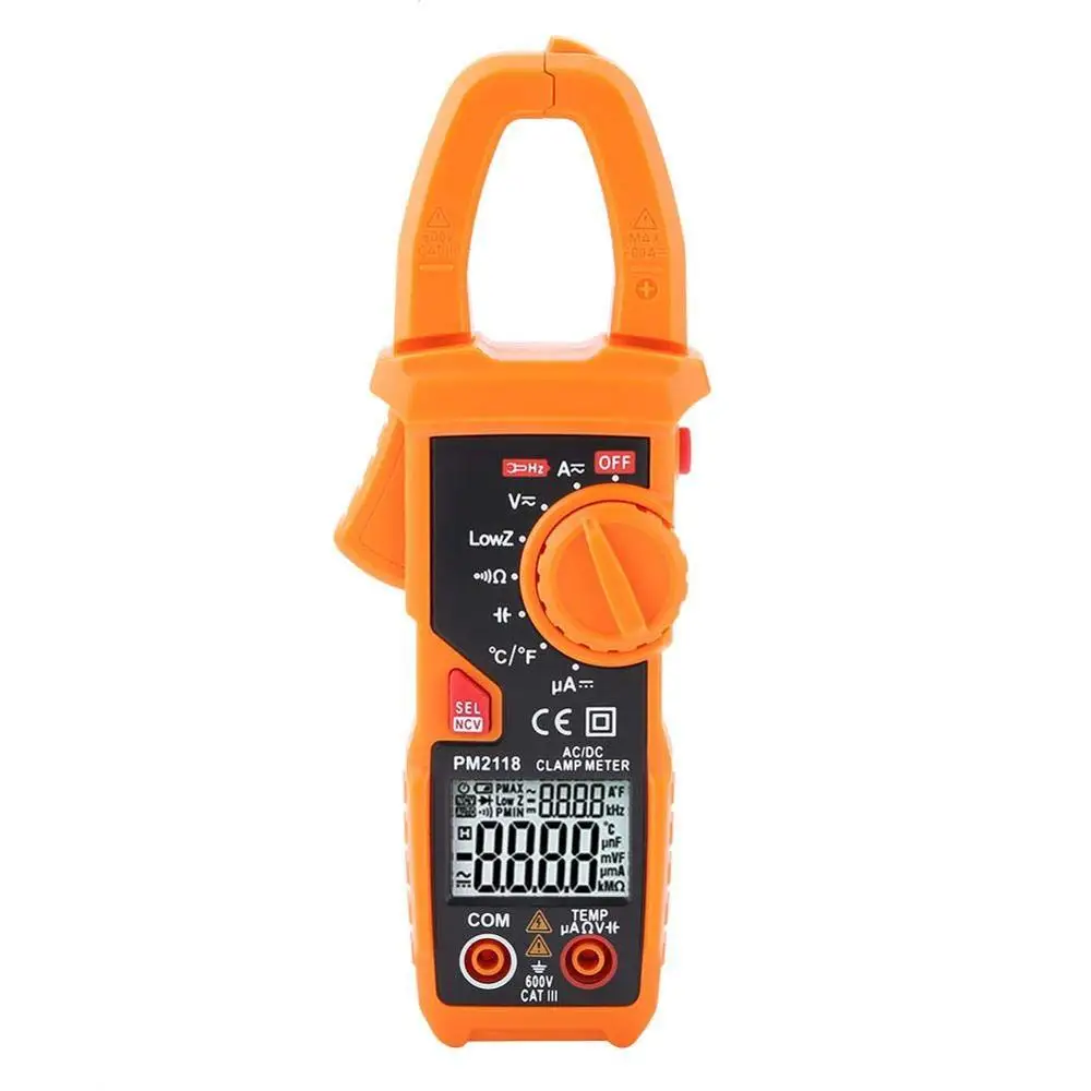 PM2118 Dual Display Digital Clamp Multiemeter NCV Ohmmeter Capacitance Temp Tester 600A 26mm 600V 60M 6000 Counts LCD Display
