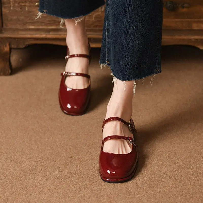 

2025 Women's Lolita Mary Jane Shoes Round Toe 3cm Platform Ankle Buckle Red BLack Round Toe Leather Shoes