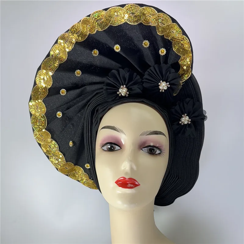 High Quality African Nigeria Gele Elegant Helmet With Stones Headband Turban Head Scarf Head-Hat Auto Gele Brand New Hats 7L5191