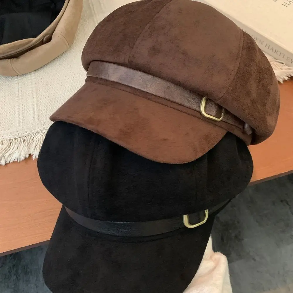 شخصية النمط البريطاني بو الجلود القبعات البني الرجعية الجلد المدبوغ مثمنة قبعة الفنان قبعة موزع الصحف قبعة الرسام قبعة السيدات #2