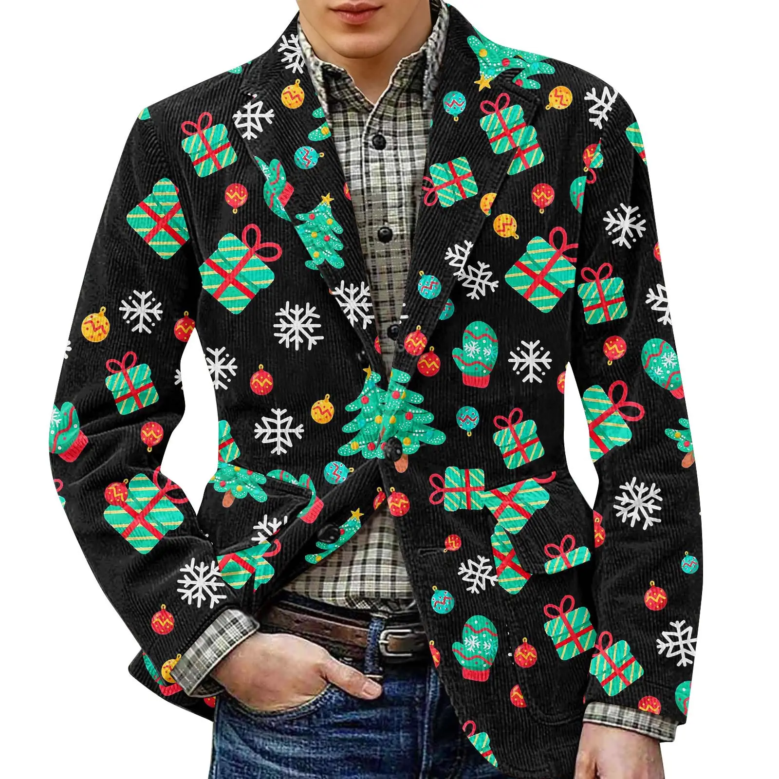 Casual Suit Jacket Christmas Print Top Autumn And Winter Jacket Comfortable Cardigan Button-Down Stylish Coat Men'S Top Navidad