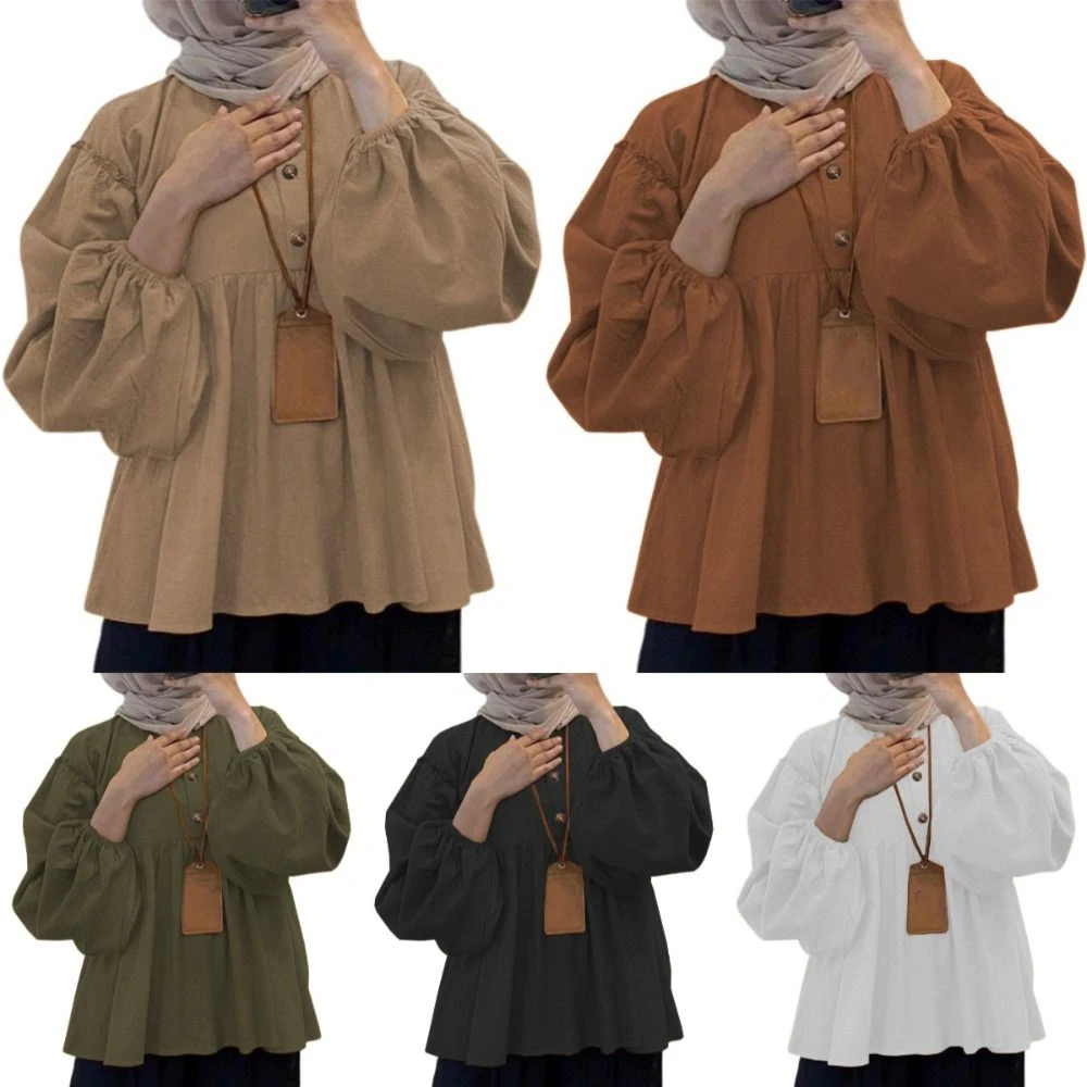 Solid Color Loose Women's T Shirts Ruffle All Match Muslim Blouse Long Sleeve Islamic Clothing Large Size Pullovers Office