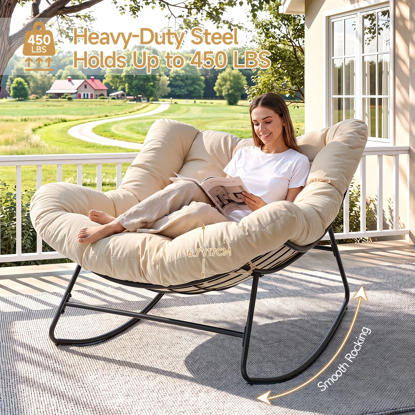 Outdoor Papasan Rocking Chair, Extra-Large 450-pound Comfortable Garden Chair with Thickened Cushion, Egg-Shaped Rocking Chair