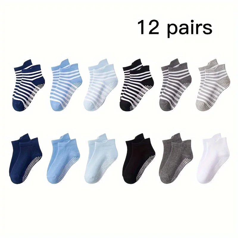 12 Pairs Boys Baby Boys' Non-Slip Dispensing Small Ears Children's Solid Color Striped Color Matching Cotton Socks