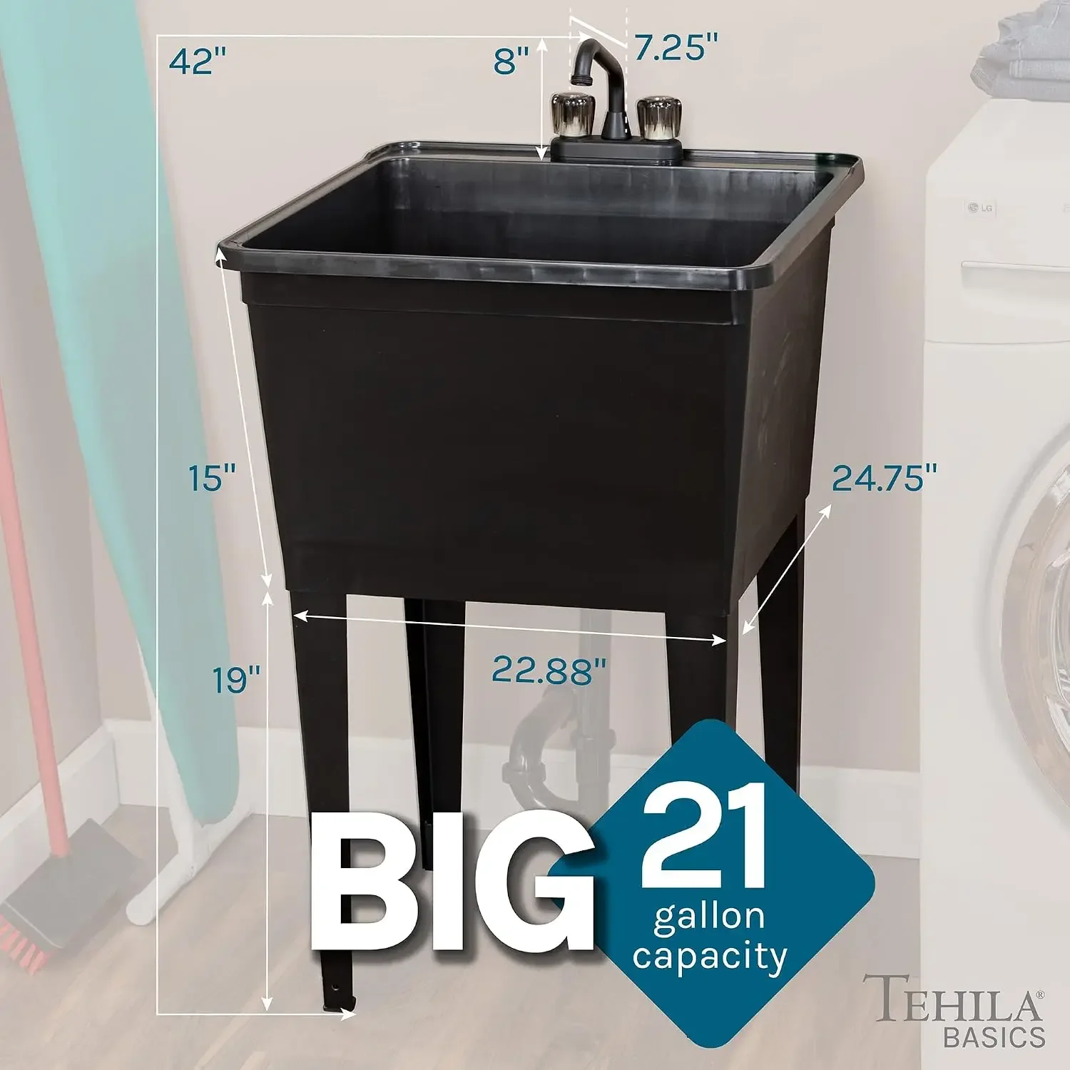 Tehila Basics 21-Gallon Black Freestanding Utility Sink with Black 2-Handle Faucet, Heavy Duty Plastic Laundry Tub