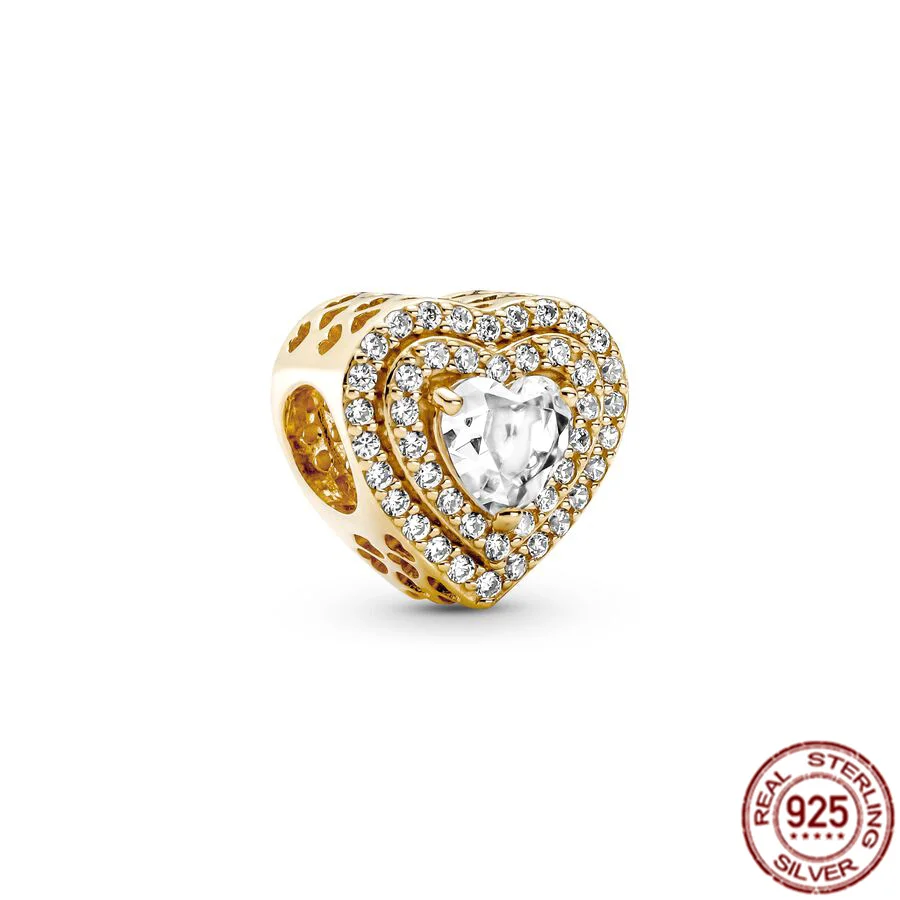 Cuentas de plata de ley 925 chapadas en oro, con estampado de pata brillante y corazones nivelados, aptas para pulsera Pandora Original, joyería