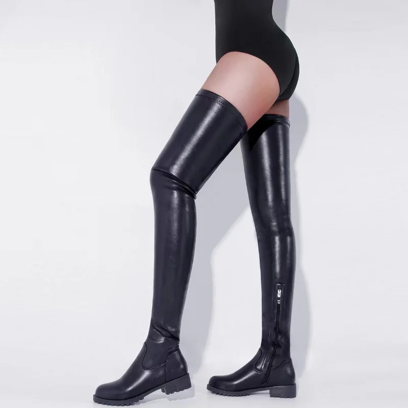 Botas de estilo Punk para mujer, botas por encima de la rodilla sexis de talla grande 35-44, zapatos de invierno para mujer, botas altas hasta el muslo con plataforma de tacón medio, color negro 2023