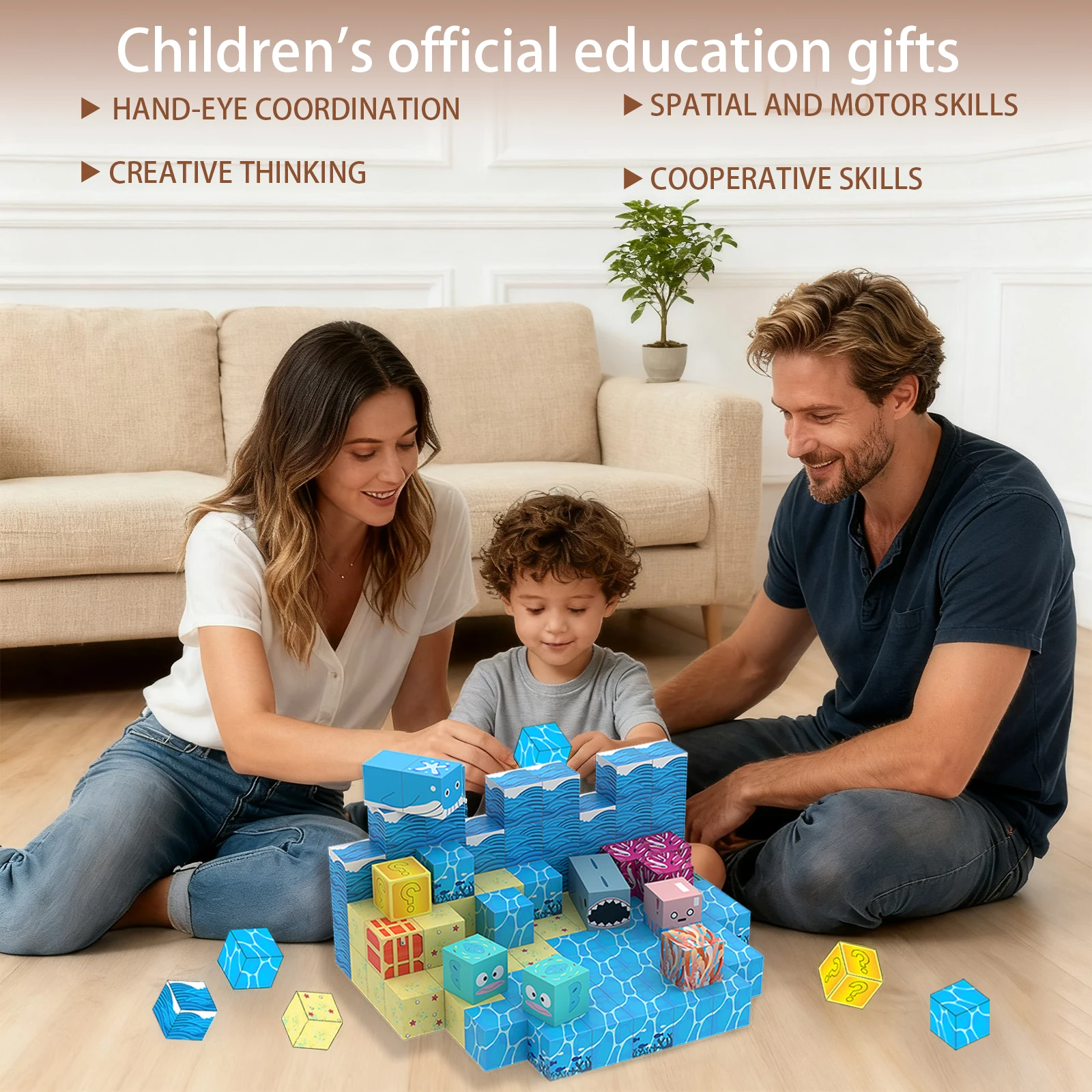 Underwater World Magnetic Building Blocks Sensory Stacking Toy for Kids Birthday Gift Stacking Block Cube with Magnetic building