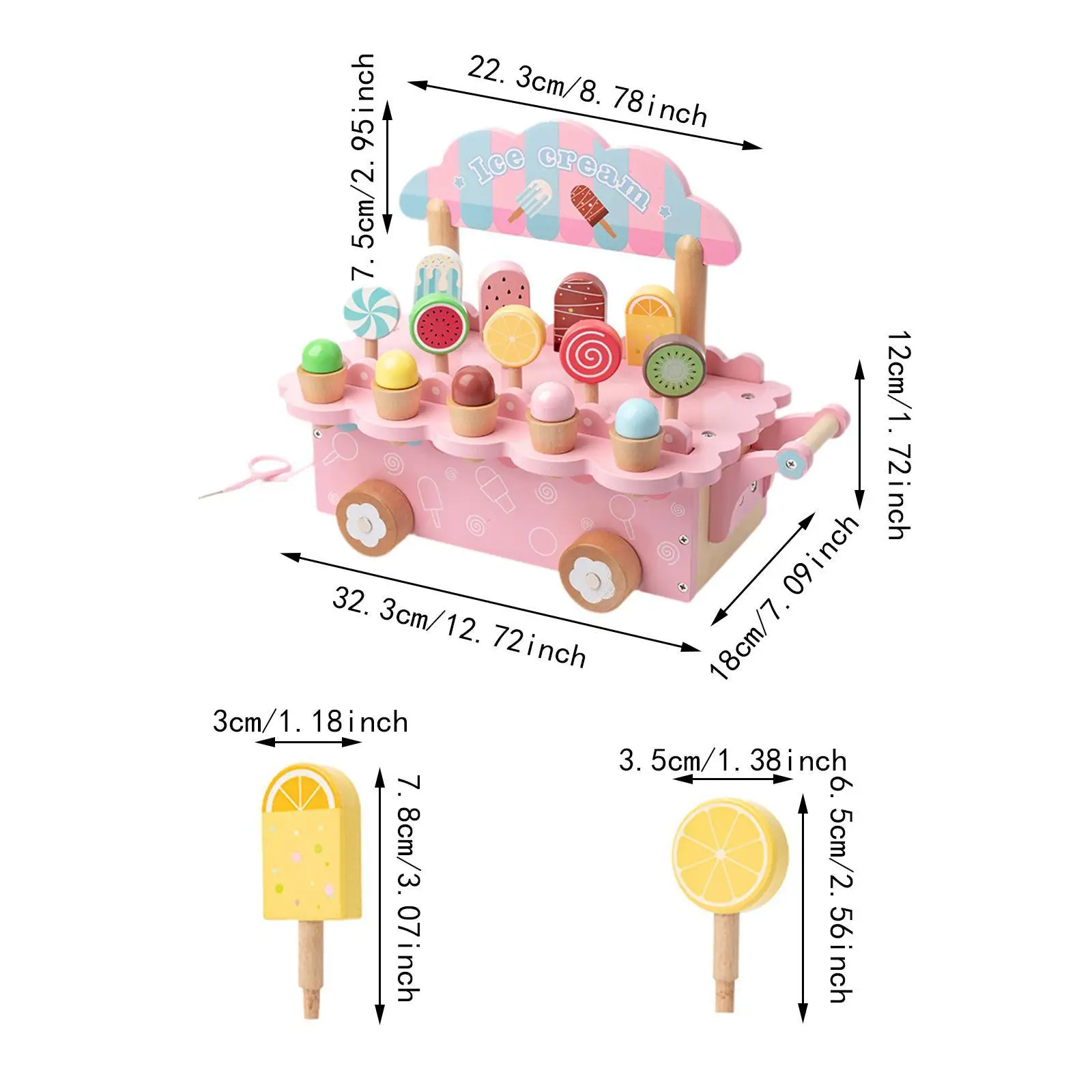 Wooden Ice Cream Cart Toy Play Kitchen Accessories Wooden Popsicle Set for Kids Children 3-8 Year Old Boys Girls Birthday Gifts