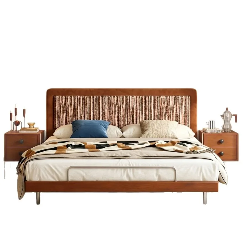 French retro soft bag backrest bed, solid wood frame striped fabric bed