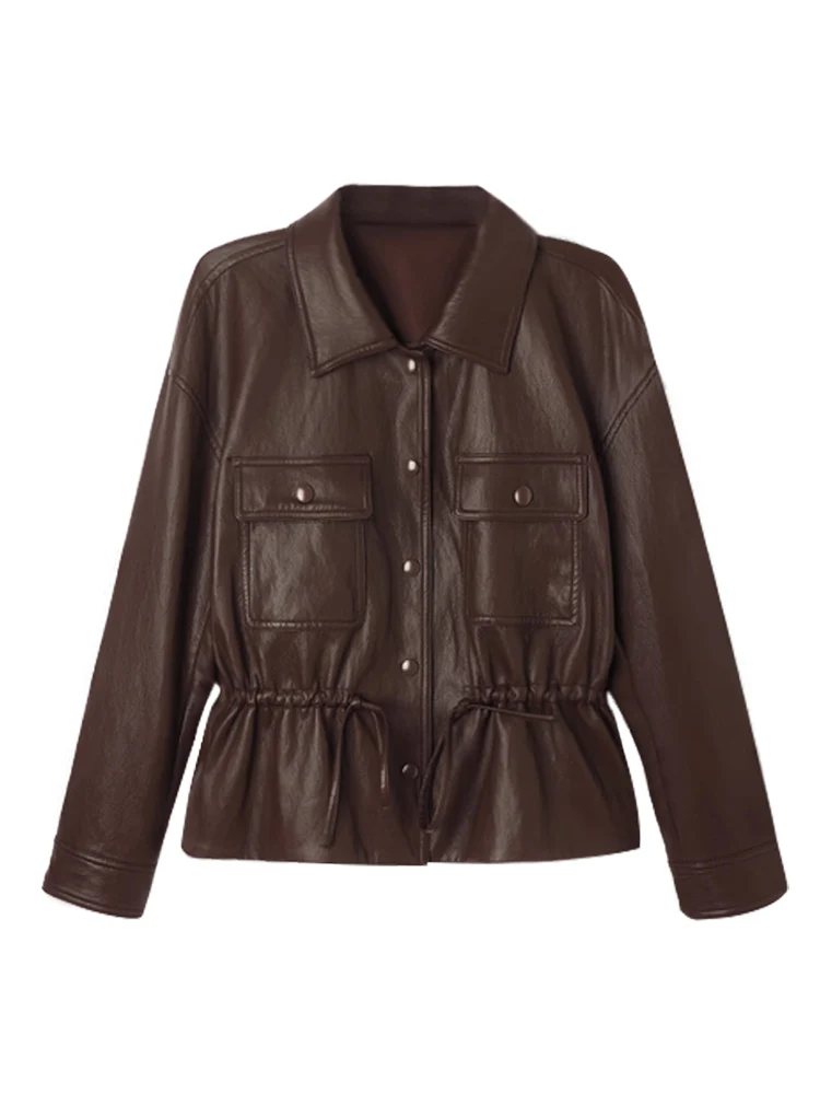 بدلة نسائية من Orta مصنوعة من جلد البولي يوريثان للخريف باللون البني وحزام الخصر الأمريكي Jaet ملابس الشارع الشهير طويلة Sve #5