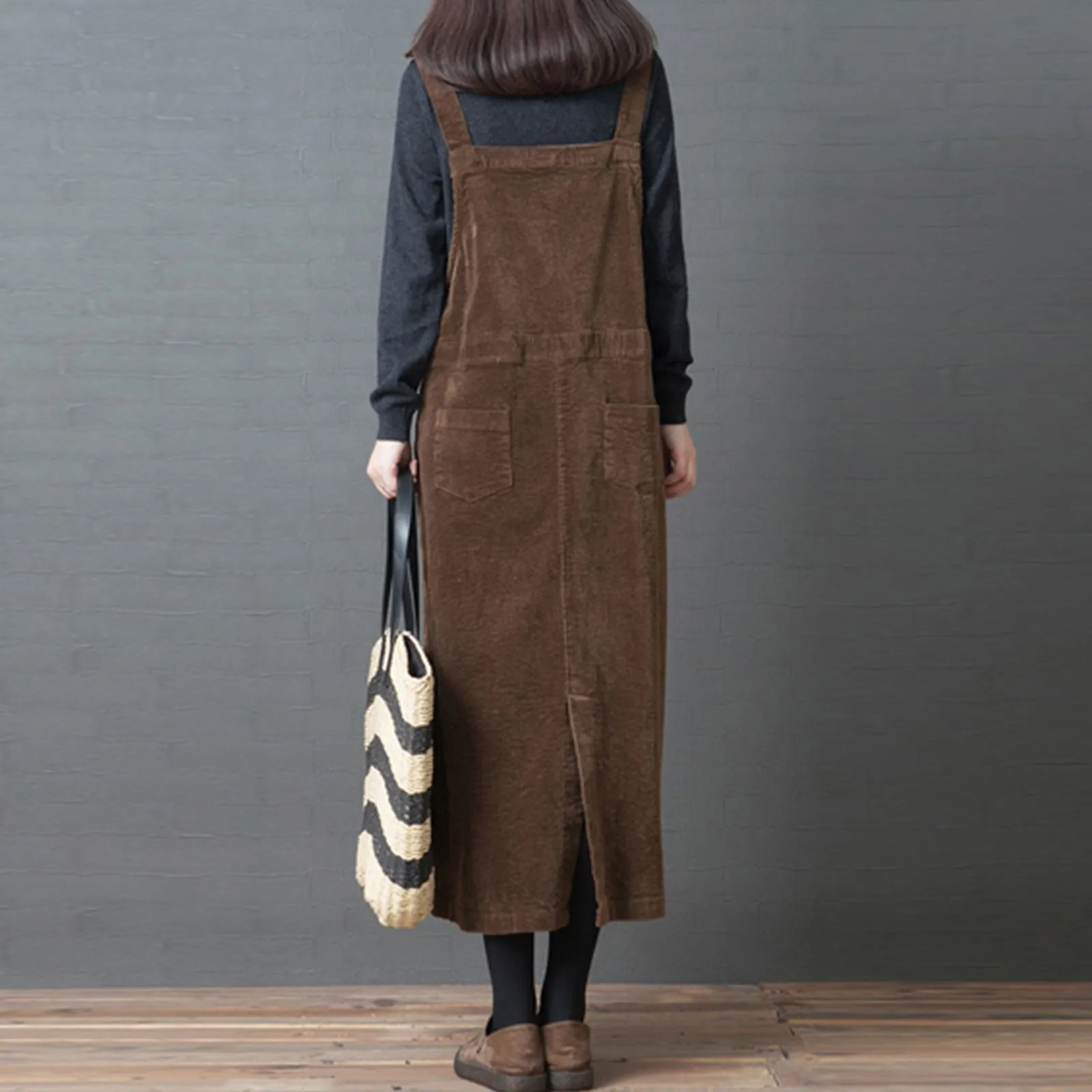 Vintage Long Dress Women Corduroy Strap Dress Fall Elegant Midi Suspender Skirt Girl Plus Size Solid Big Pockets Loose Dress