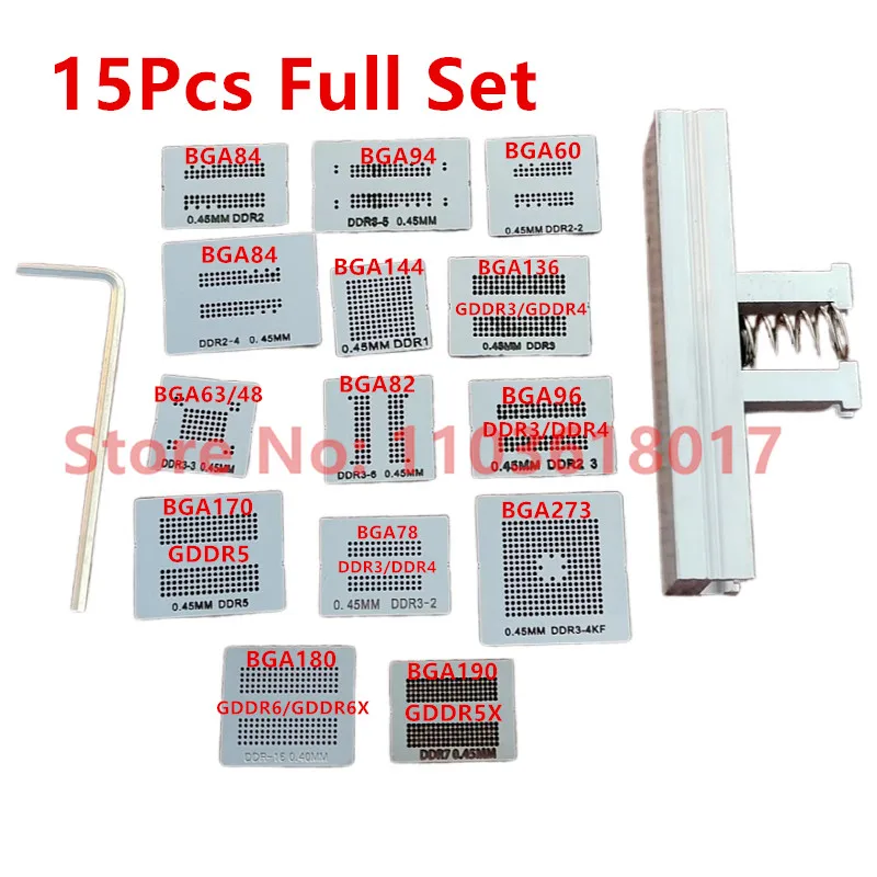 Kit complet de pochoirs de reballage BGA, 15 pièces/lot, dédié pour DDR DDR2 DDR2-2 DDR2-3 DDR3-2 DDR3-3 DDR5 DDR6 DDR7, dos de fixation