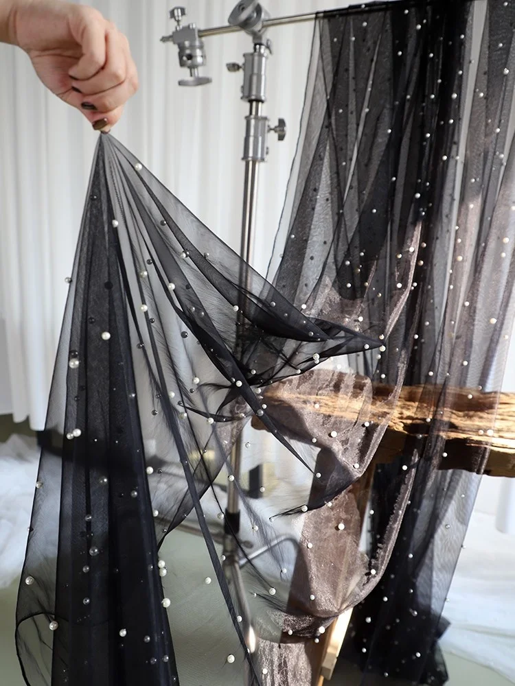 قماش تول اللؤلؤ الأسود لتنورة فستان الزفاف، شبكة لؤلؤية بيضاء وشامبانيا، مادة ستائر مطرزة يدويًا للديكور المنزلي