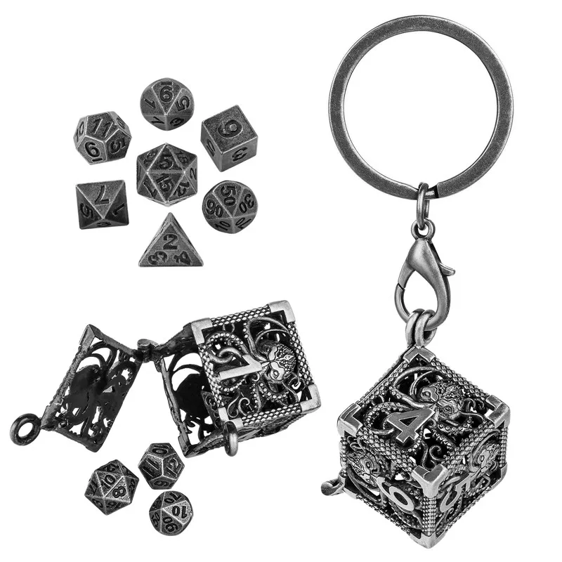 7pcs Tiny Metal Polyhedral Dice Set with Pendant Necklace Chain Key Ring Hollow D6 Octopus Storage Case Gaming Accessory