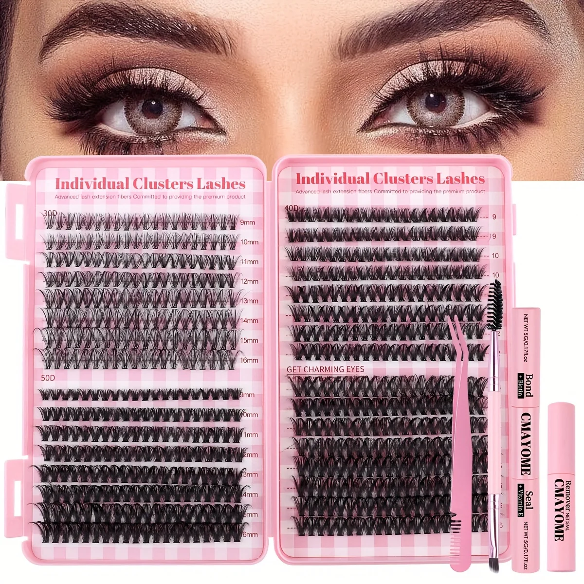 640 luxury eyelash extension kit with D-curled single eyelashes, eyelash clusters, eyelash bonding and sealing, and tweezers