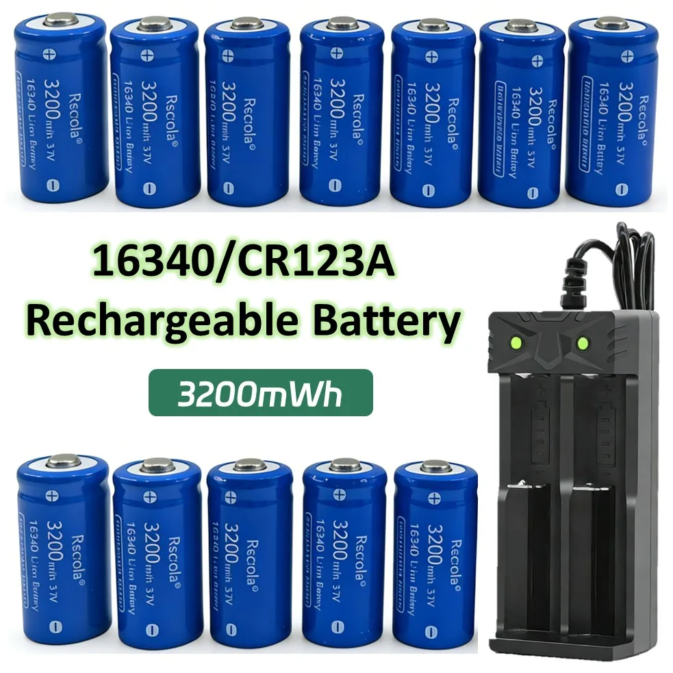 3.7V 16340 Li-ion Battery 3200mAh,Rechargeable CR123A Batteries with Charger,for Arlo Cameras VMC3030 VMK3200 VMS3330,Flashlight