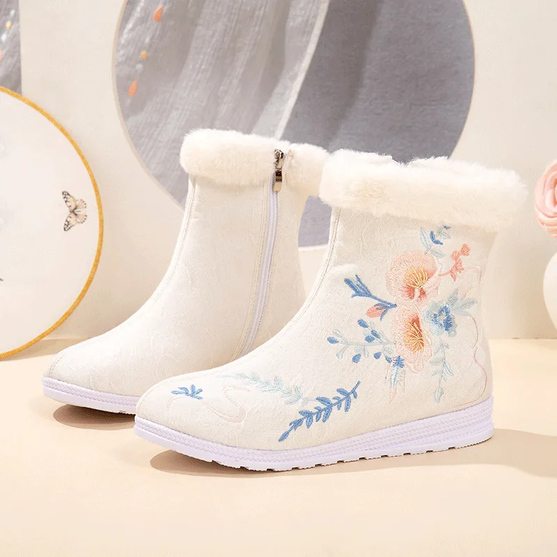 

CY331 Plus Cotton Winter New Thick Old Beijing Cloth Boots Flat with Antique Boots Zipper Hanfu with Embroidered Shoes