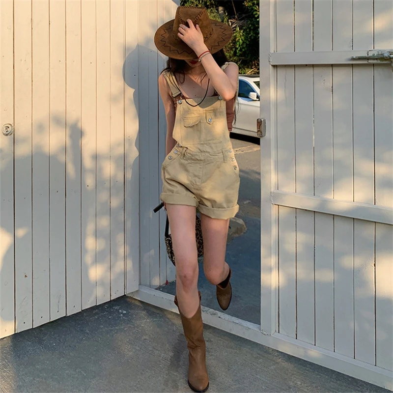 

Ретро-джинсовый комбинезон женский летний новый свободный повседневный с широкими штанинами, шорты-карго с высокой талией на бретелях, из смесового хлопка