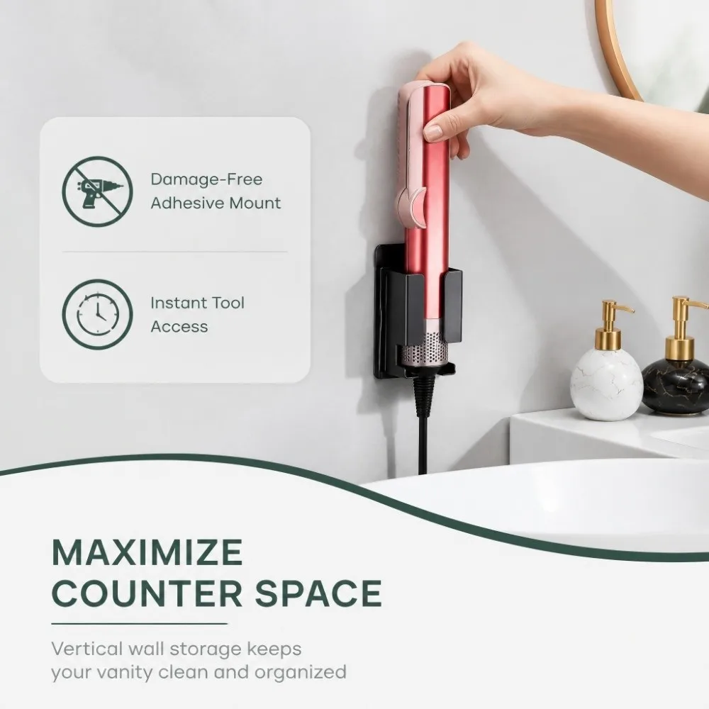 Stainless steel Hair Dryer Holder Wall Mounted Black Hair Straightener Holder Easy Install Space Saving Hair Tools Holder