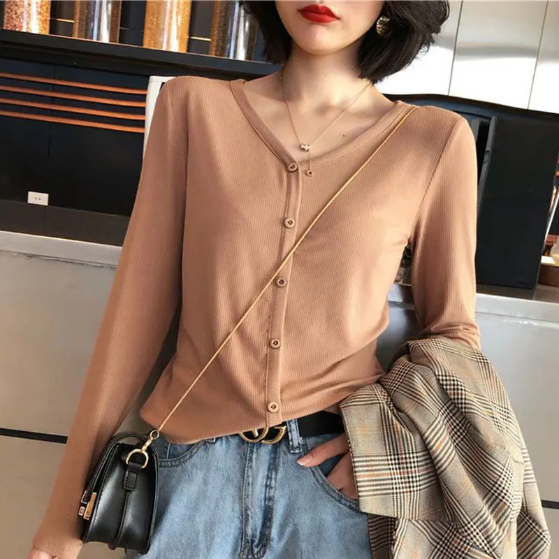 

Women's Monochromatic V-Neck Long Sleeve T-Shirt, Slim Fit Clothes, All-Match Casual Tops, Korean Fashion, Simplicity, Spring