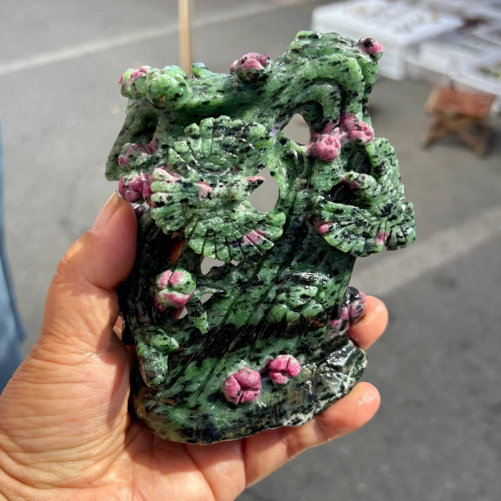 Natural Ruby Zoisite Hand Carved Pine Crane Plum Blossom Statue, Hollow Out Crystal Sculpture, Home Desktop Decor Healing Stone