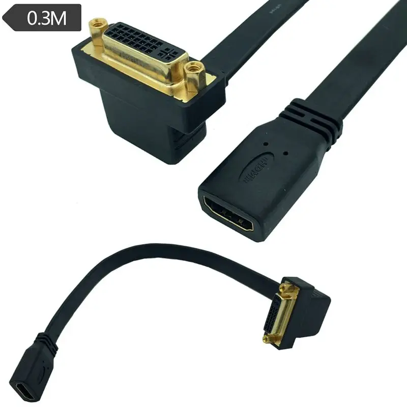 Flat HD Cable HDMI Compatible Male Female To DVI 24+1 Male Female Elbow Connection Cable, Computer To TV Cable 0.3 Meters