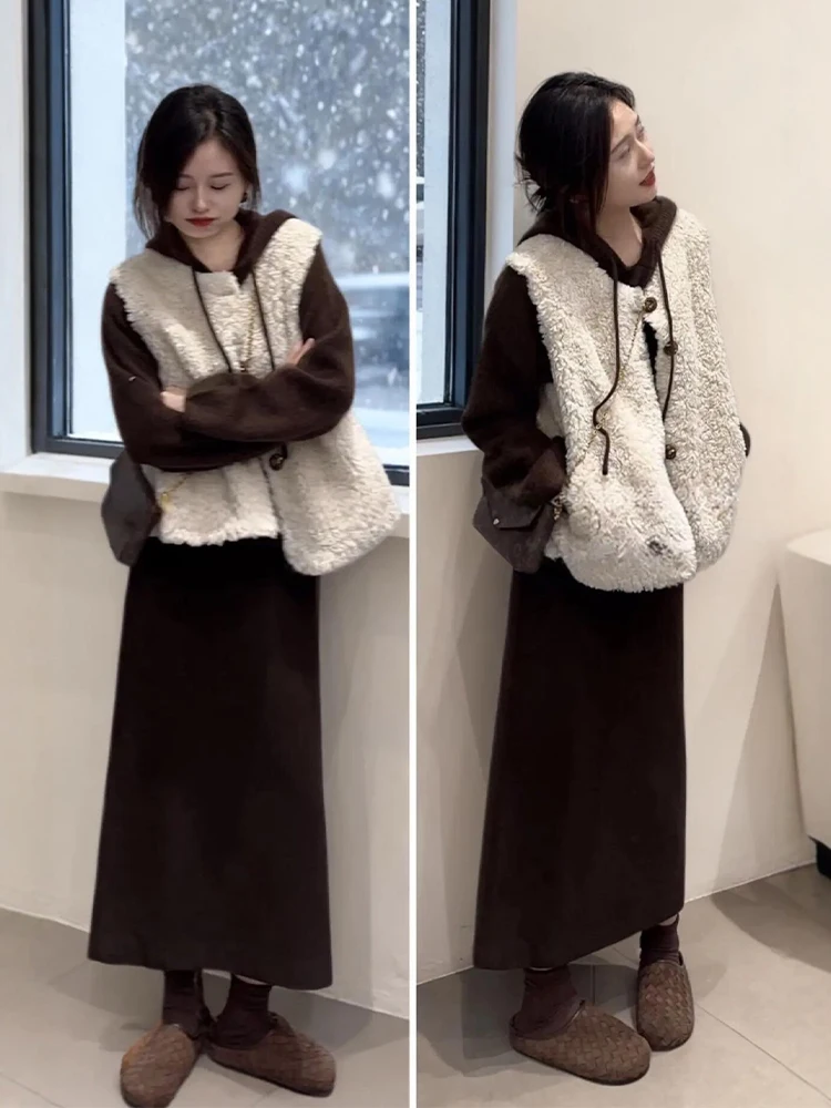 

Chic Autumn Winter Hooded Sweatshirt Faux Fur Vest Skirt Three Piece Set Women's Fashion Casual Warm High Waist Skirt