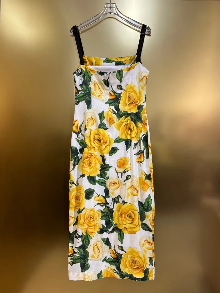 Vintage yellow rose print 19 m elastic double Joe sexy silk strap dress 2025 spring women's new fashion tight wrap hip skirt