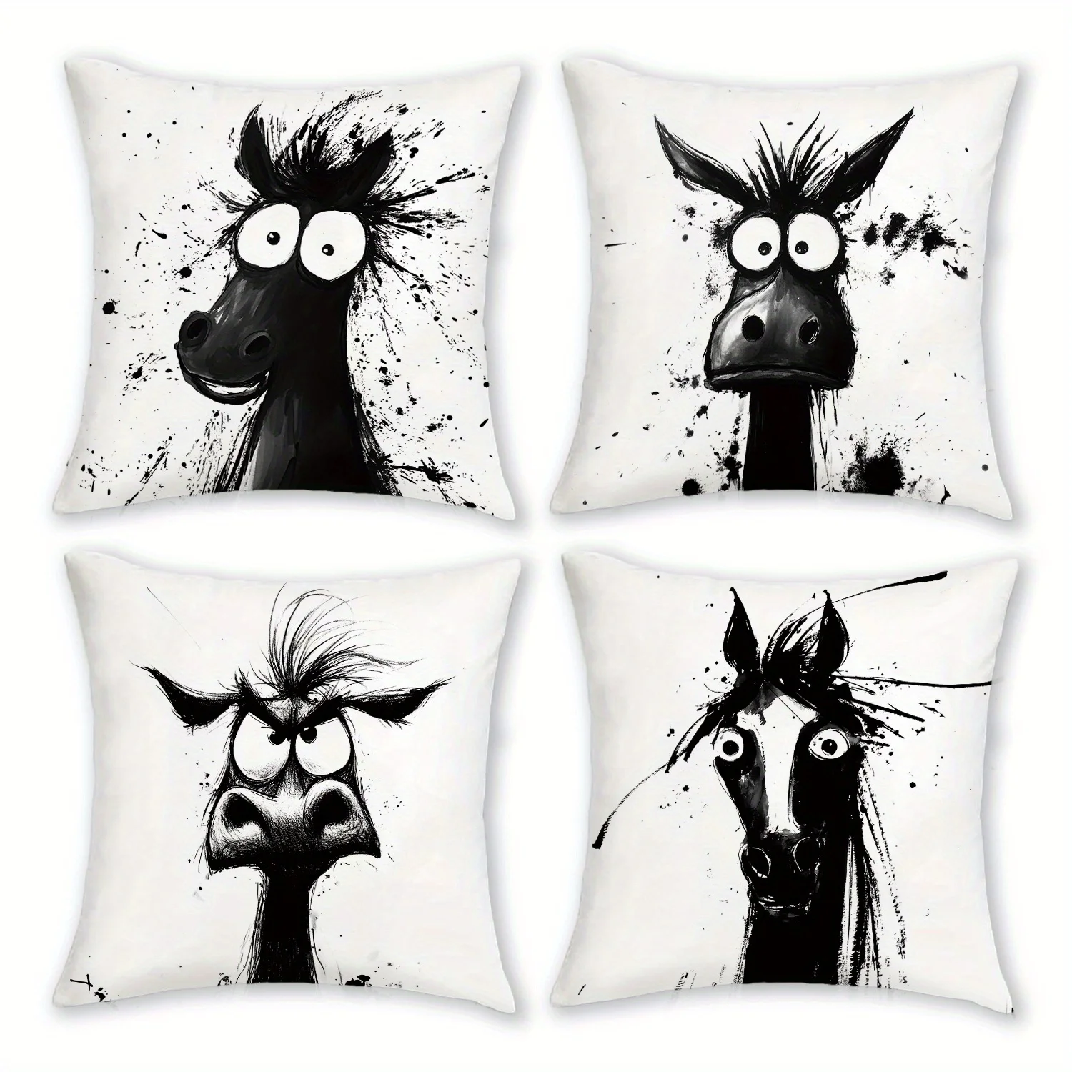 4pcs Boho Pop Art Donkey Ink Splatter Throw Pillow Covers 18x18 Inch, Soft Plush Polyester Farmhouse Decor with Zipper Closure f