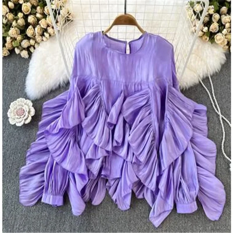 Women Spring Autumn Blouse New European American Vintage Round Neck Ruffle Loose Long Sleeved Foreign Style Irregular Top