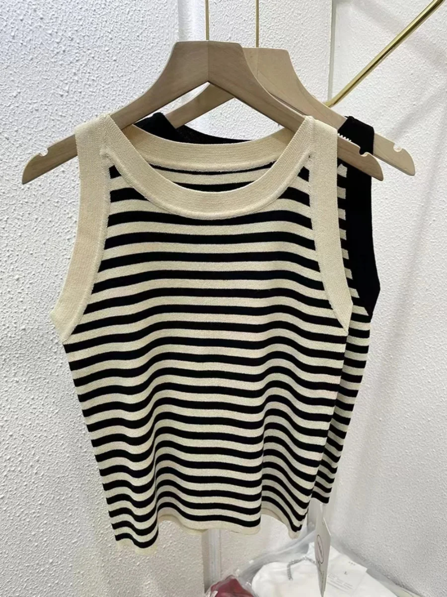 Damski dopasowany top na ramiączkach w paski, plus size, odzież wierzchnia, bazowy, casualowy, do pracy, mieszanka poliestru, kolekcja wiosna-lato 2025.