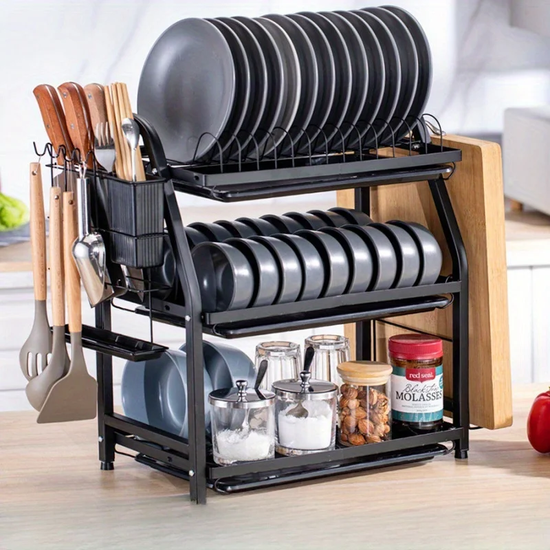 

Multifunctional Kitchen Dish Drying Rack, Bowl & Chopstick Storage Organizer with Drain Board, Countertop Sink Side Space Saver