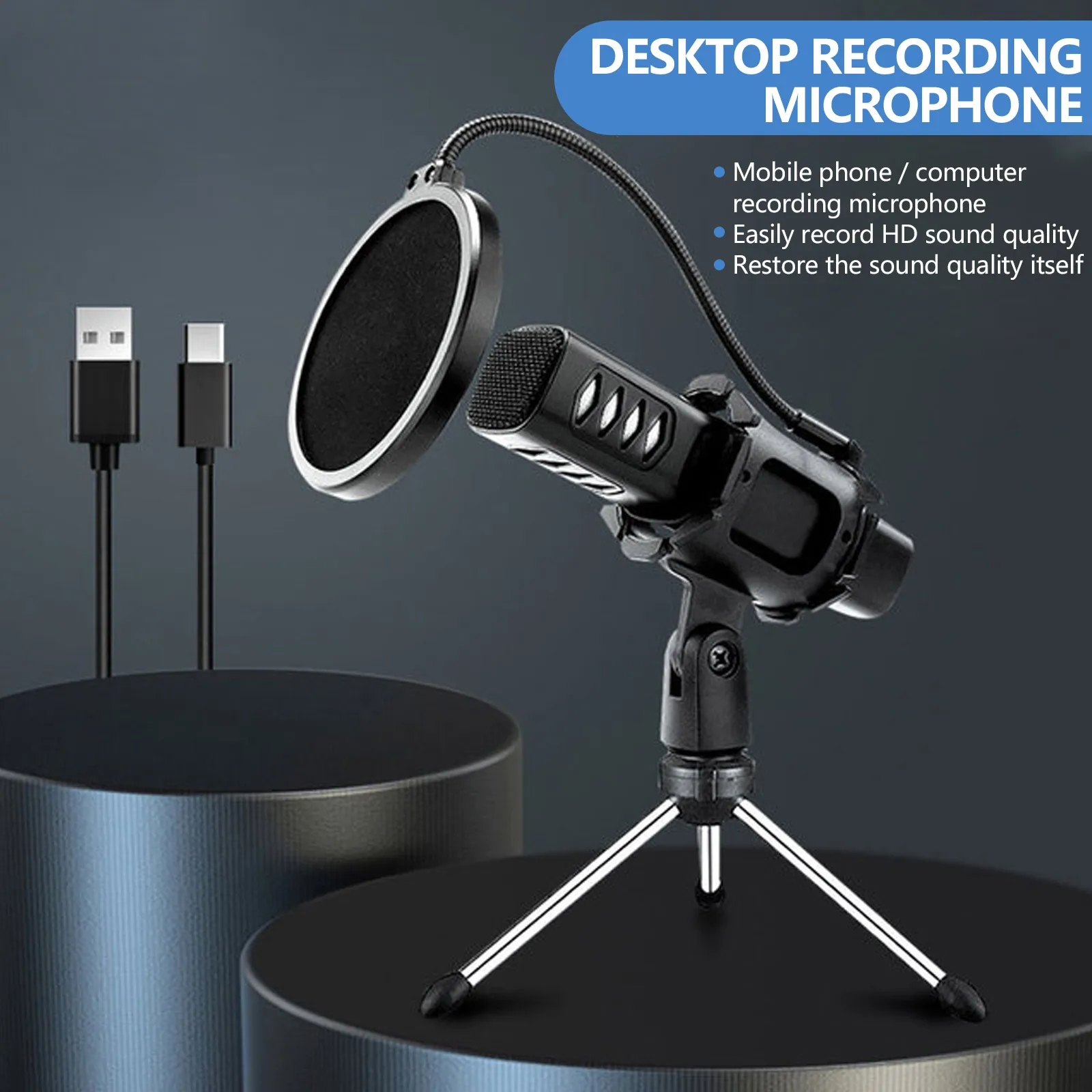 USB Condenser Microphone Kit 48khz PC Microphone with Type-C Interface Tripod for Recording Gaming YouTube Streaming Singing